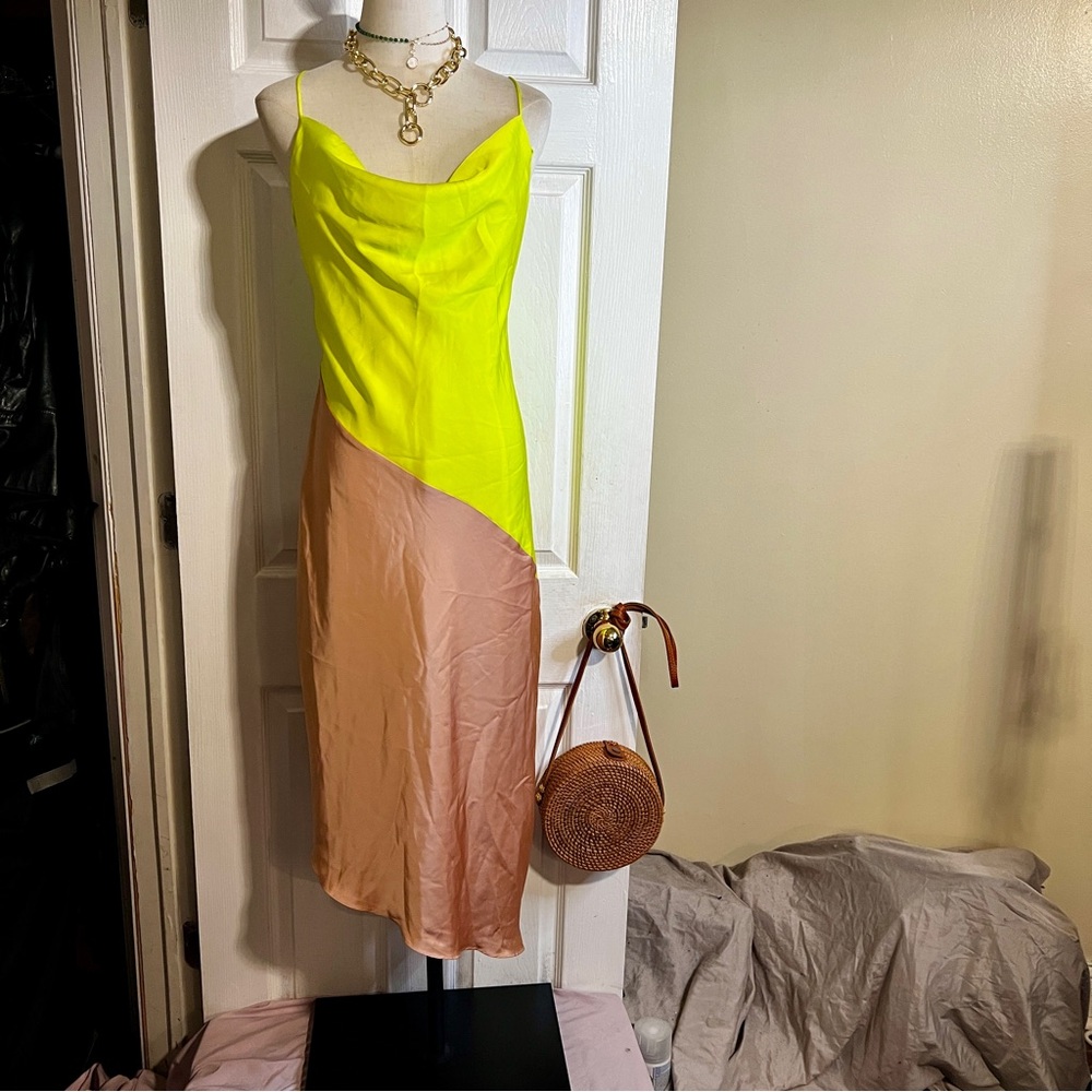Cushnie X Target Wms Satin‎ Asymmetric Green &Champagne Drape Slip Midi Dress 6